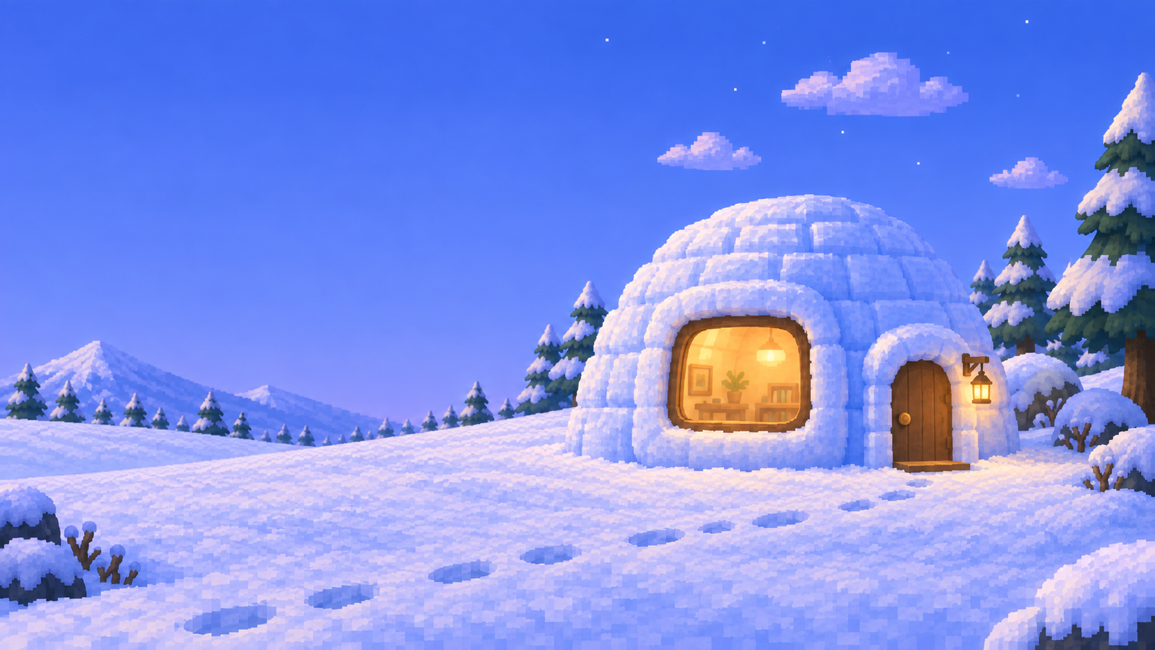 A snowy igloo with a warm window, a wooden door, and footprints leading home.