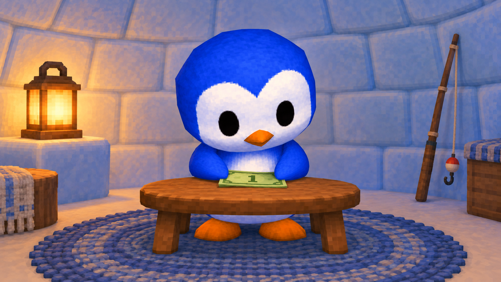 PEG at his wooden table, carefully tending one green dollar note.