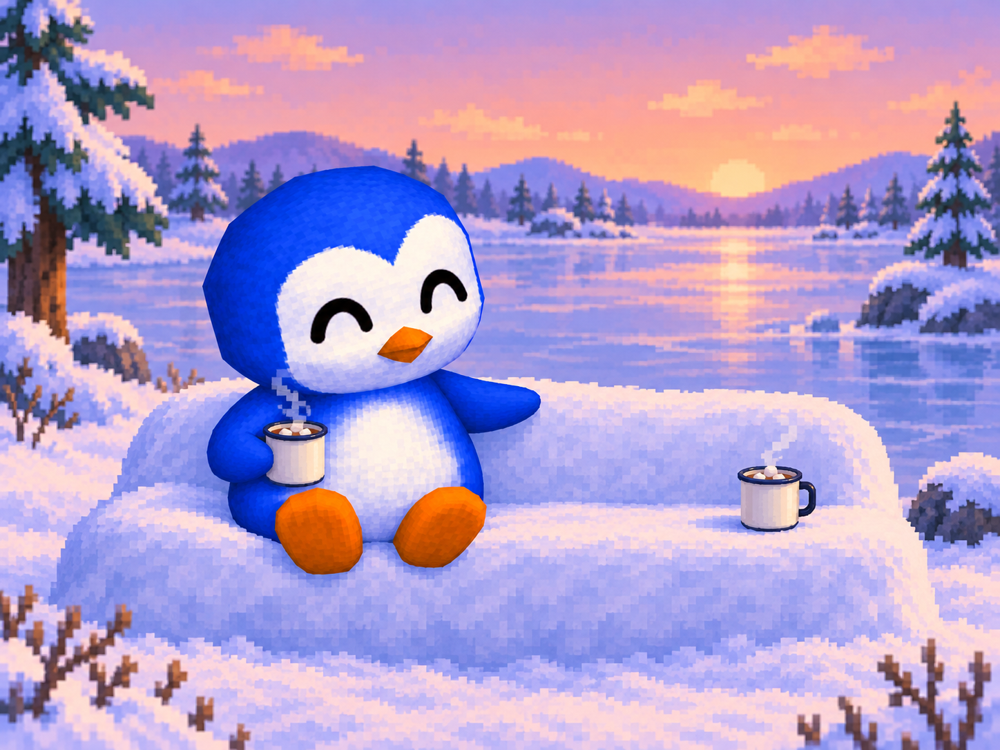 PEG saves you a seat on a snowbank, with two warm mugs beside a frozen lake.